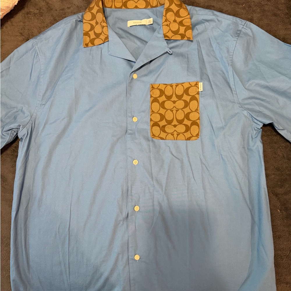 Coach Light Blue Button-Up Shirt with Tan Signature Collar & Pocket